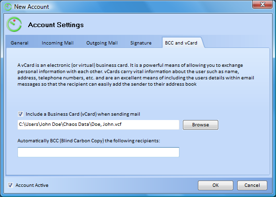 bcc and vcard screen shot